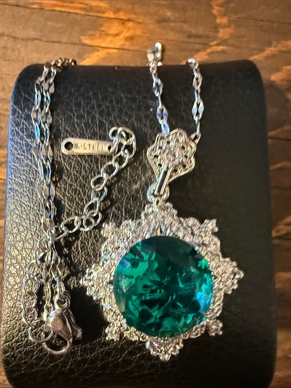 Silver Stainless Steel Necklace with Deep Teal Green Crystal Pendant
